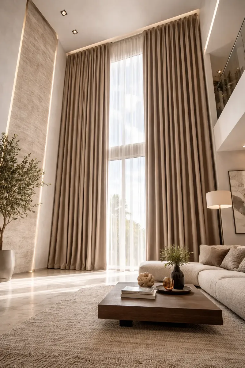 Sala iluminada com cortinas limpas